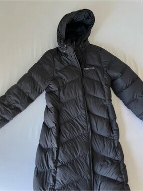 Marmot Women's Long Black Hooded Down Puffer Coat